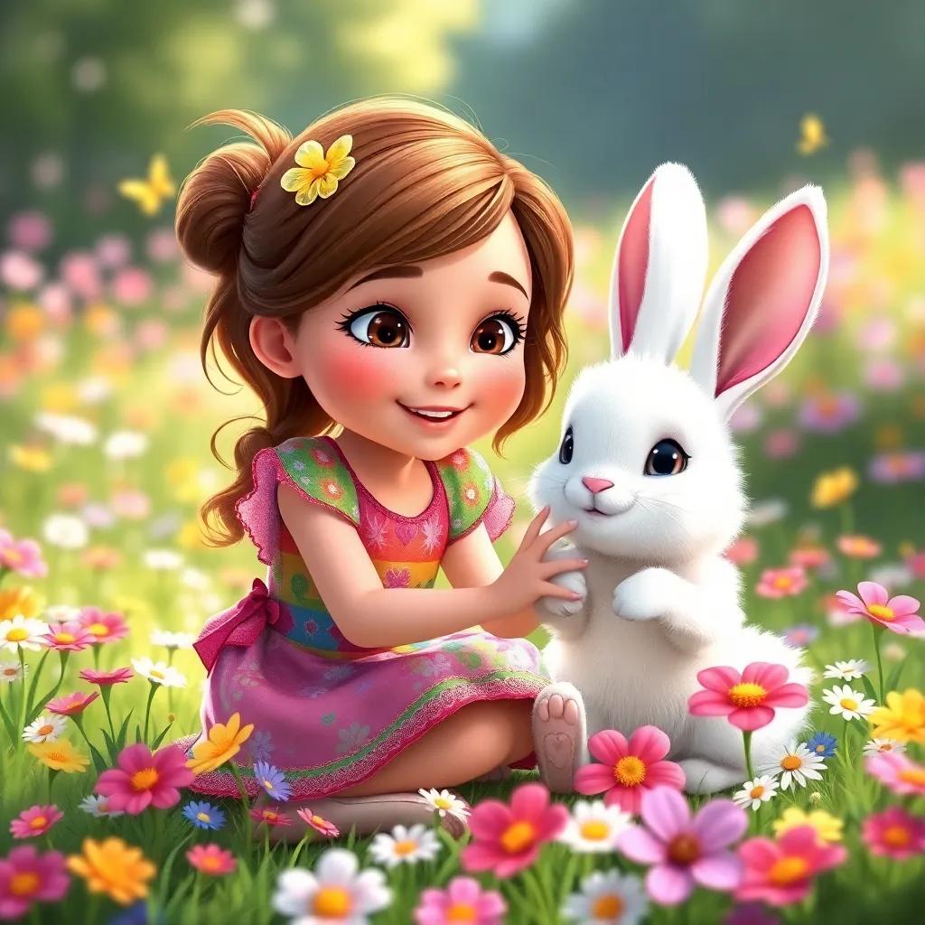 Fiona, a girl with brown hair and a colorful summer dress, playing with a fluffy white bunny named Benny in a magical meadow, both surrounded by vibrant flowers and butterflies, charming scene, child-friendly