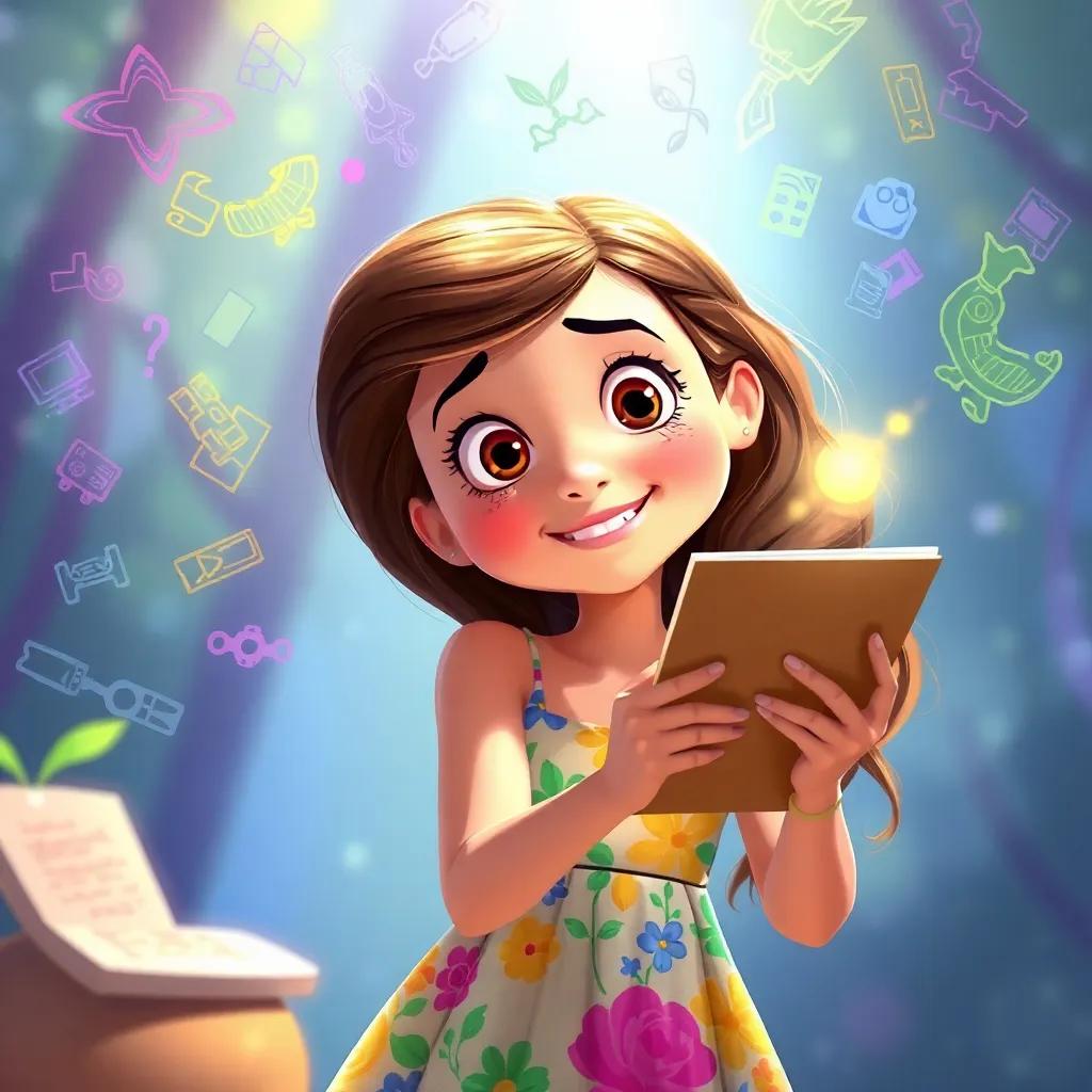 Fiona, with brown hair in a colorful summer dress, looking intrigued as she draws anything she imagines, colorful sketches floating around her, magical atmosphere, illustration, joyful