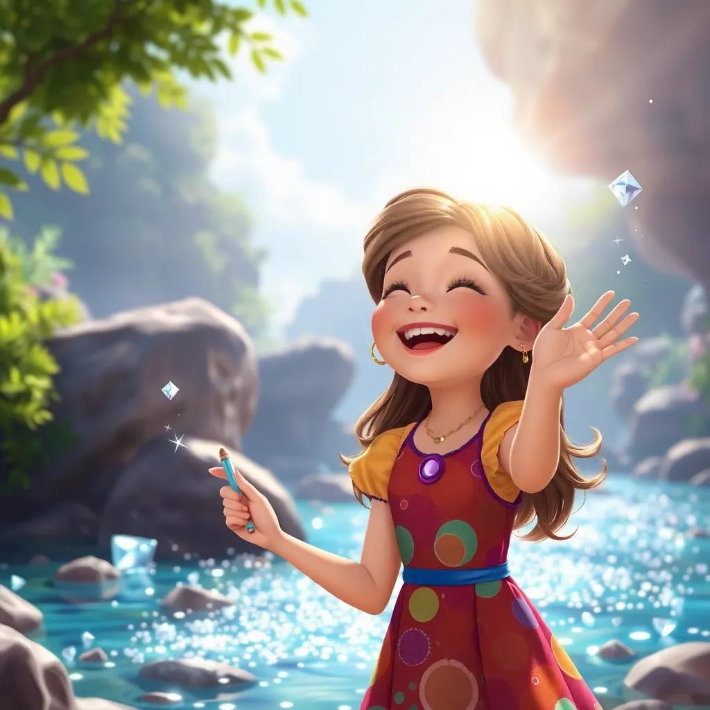 Fiona, a girl with brown hair and colorful dress, excitedly drawing a sparkling river with diamonds in the sunlight, laughing with joy, vibrant digital art, cheerful ambiance, high quality