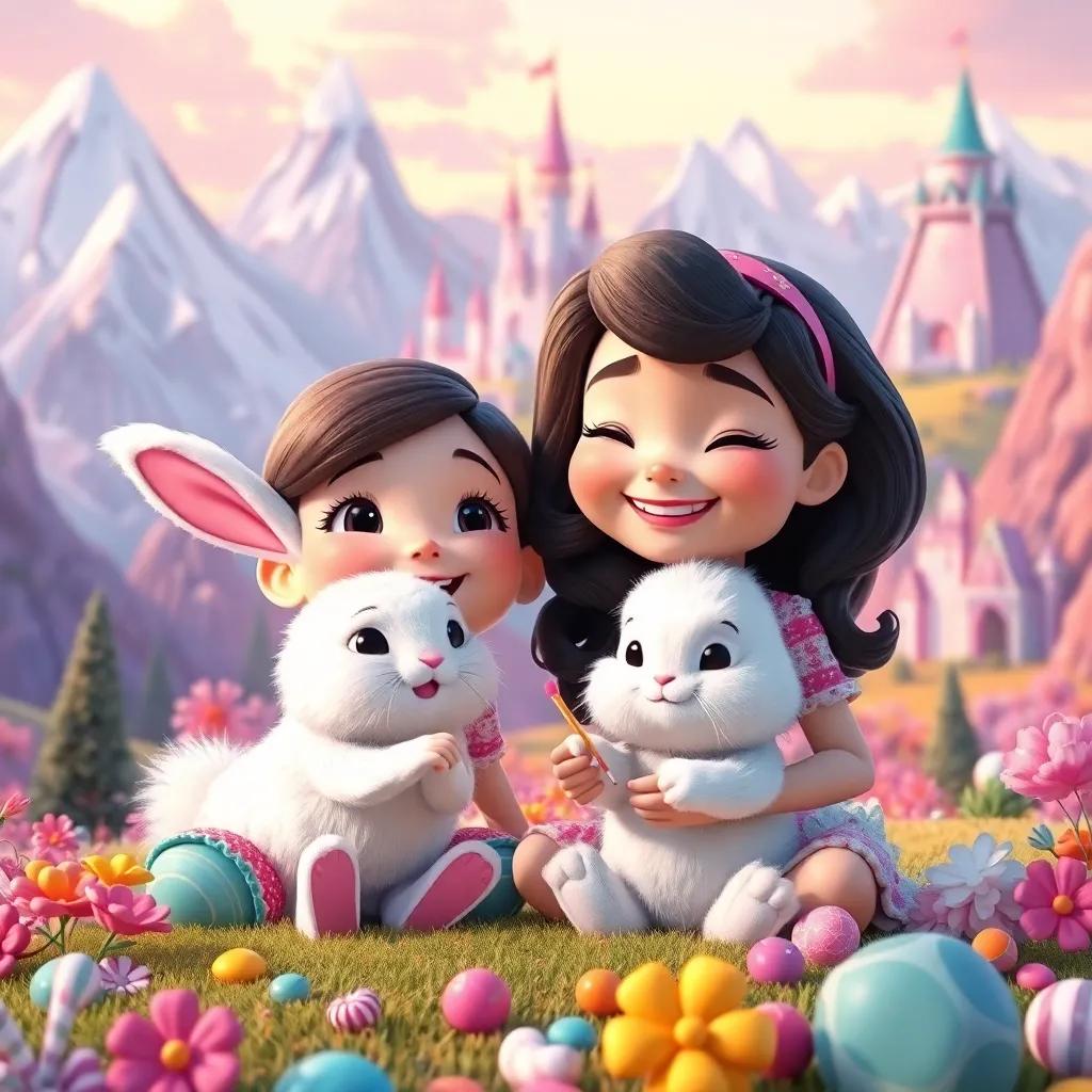 Fiona and Benny, a fluffy white bunny, joyfully creating together in a colorful landscape filled with mountains and a candy castle, bright, cheerful, playful, animated style