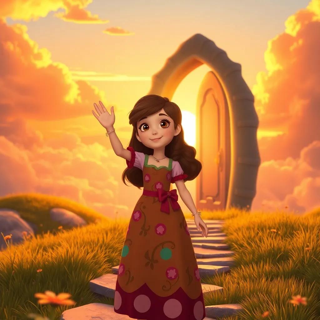 Fiona, a girl with brown hair and a colorful dress, waving goodbye to her magical world as she steps back through a door in the sky, nostalgic yet happy, sunset, warm tones, heartwarming scene