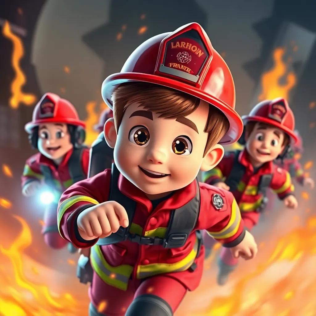 Fireman Frank, with short brown hair in a red helmet and fire jacket, rushing into action with his team, surrounded by flames and smoke, bright lights flashing, illustration, dramatic scene, child-friendly, high quality