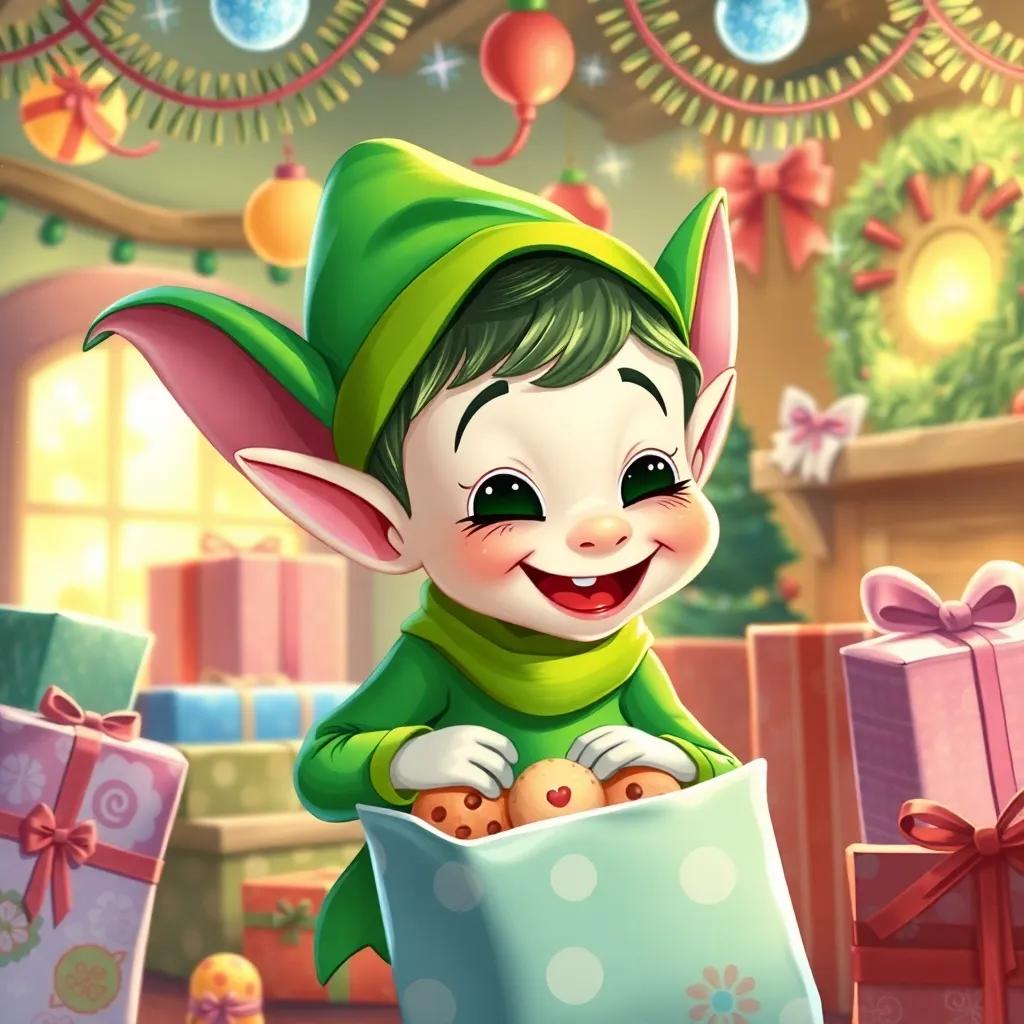 Flippie, a naughty elf with floppy ears and bright green clothes, giggling while hiding cookies under colorful wrapping paper in a festive workshop, digital art, cheerful, bright colors, warm light, playful atmosphere, high quality