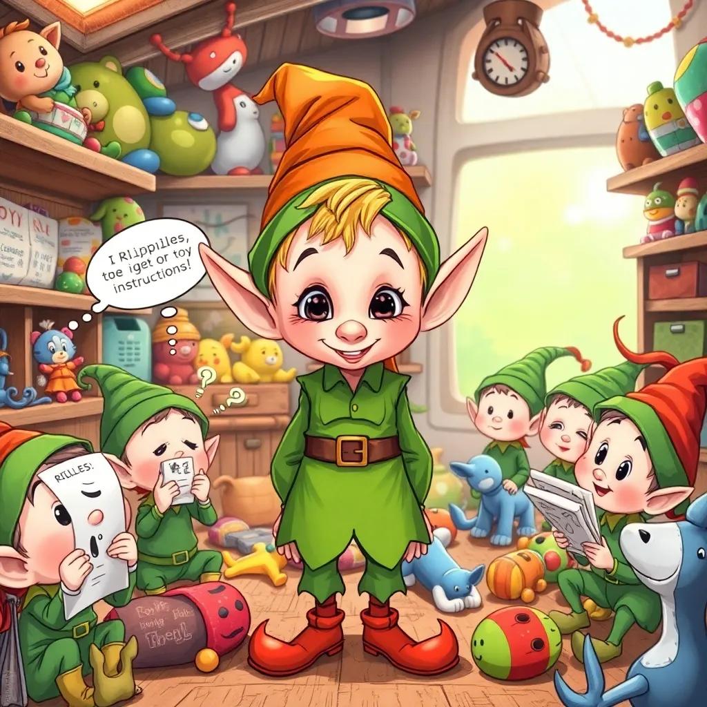 Flippie, a mischievous elf with floppy ears, wearing a green outfit, surrounded by puzzled elves looking at riddles instead of toy instructions, in a lively workshop with toys everywhere, illustration, fun, colorful, joyful scene, high quality