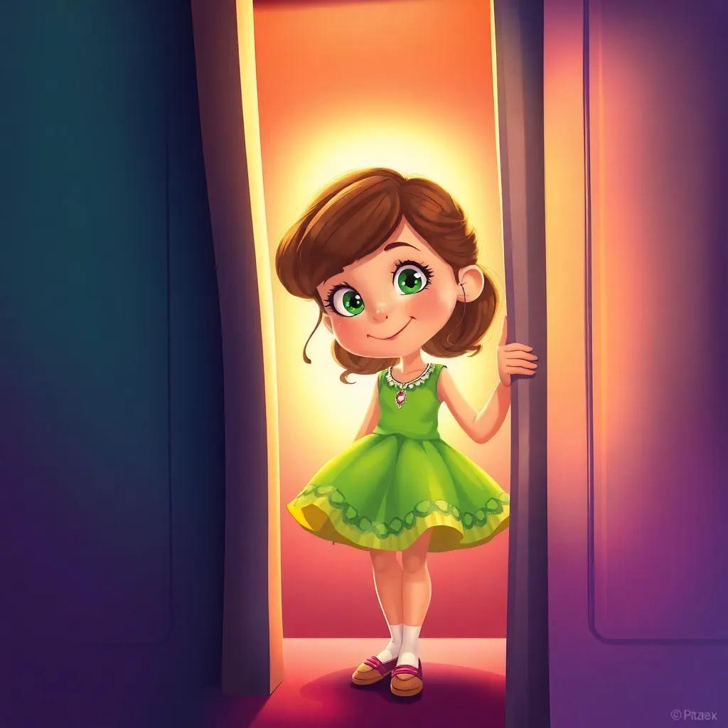 A brave girl, Flora, with brown hair and bright green dress, opening her closet with curiosity, light streaming in, vibrant colors, magical vibe, detailed illustration