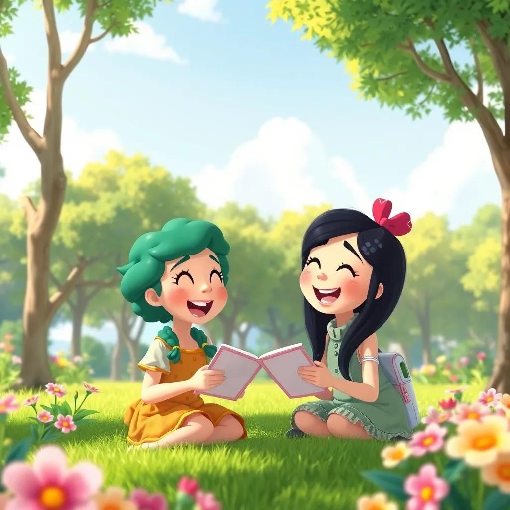 Flora and Momo laughing together, planning their adventure in a sunny park, surrounded by green trees and flowers, colorful greenery, cheerful ambiance, whimsical illustration
