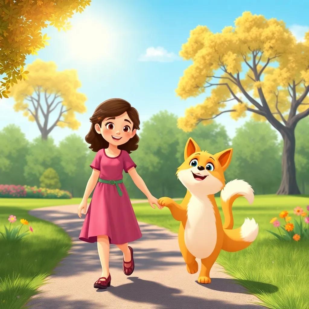 Flora and Momo walking to the park, holding hands, Momo's fluffy tail wagging, sun shining brightly, bright color tones, friendly atmosphere, engaging illustration