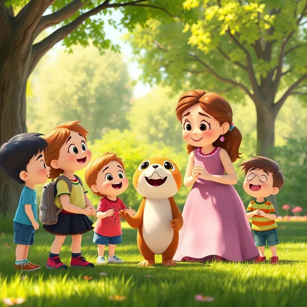 Flora introducing Momo to her friends in the park, kids looking amazed and curious, happy expressions, sunny day, joyful vibe, heartwarming art