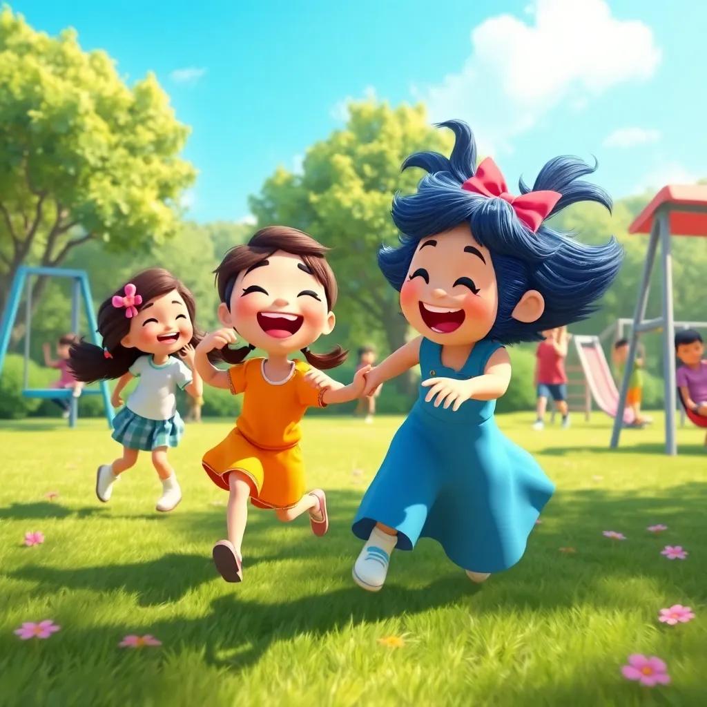 Momo playing tag with Flora and her friends, laughter and joy all around, park full of swings and slides, bright blue sky, playful energy, vibrant illustration