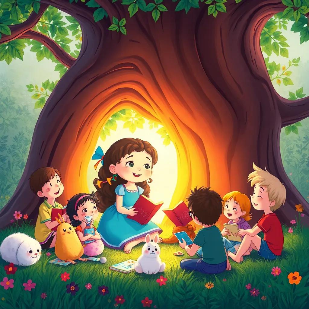 Flora and Momo surrounded by friends, sharing stories under a big tree, colorful children's drawings, warm light, bonding moment, cozy illustration