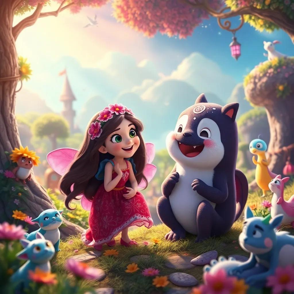 Flora and Momo sharing adventures in a fantasy land, magical creatures around, colorful scenery, joyful expression, enchanting art