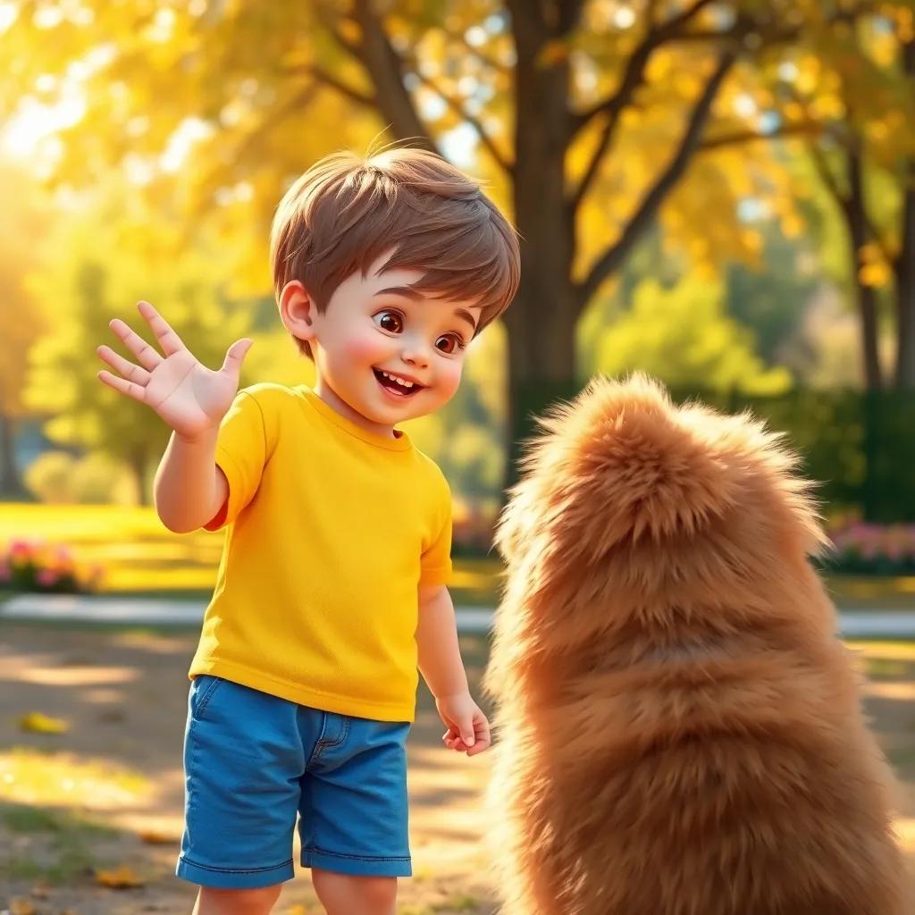 A little boy named Floris, with short brown hair, wearing a yellow shirt and blue shorts, smiling and waving his hands at a big fluffy dog in a sunny park, digital art, cheerful colors, bright atmosphere, high quality