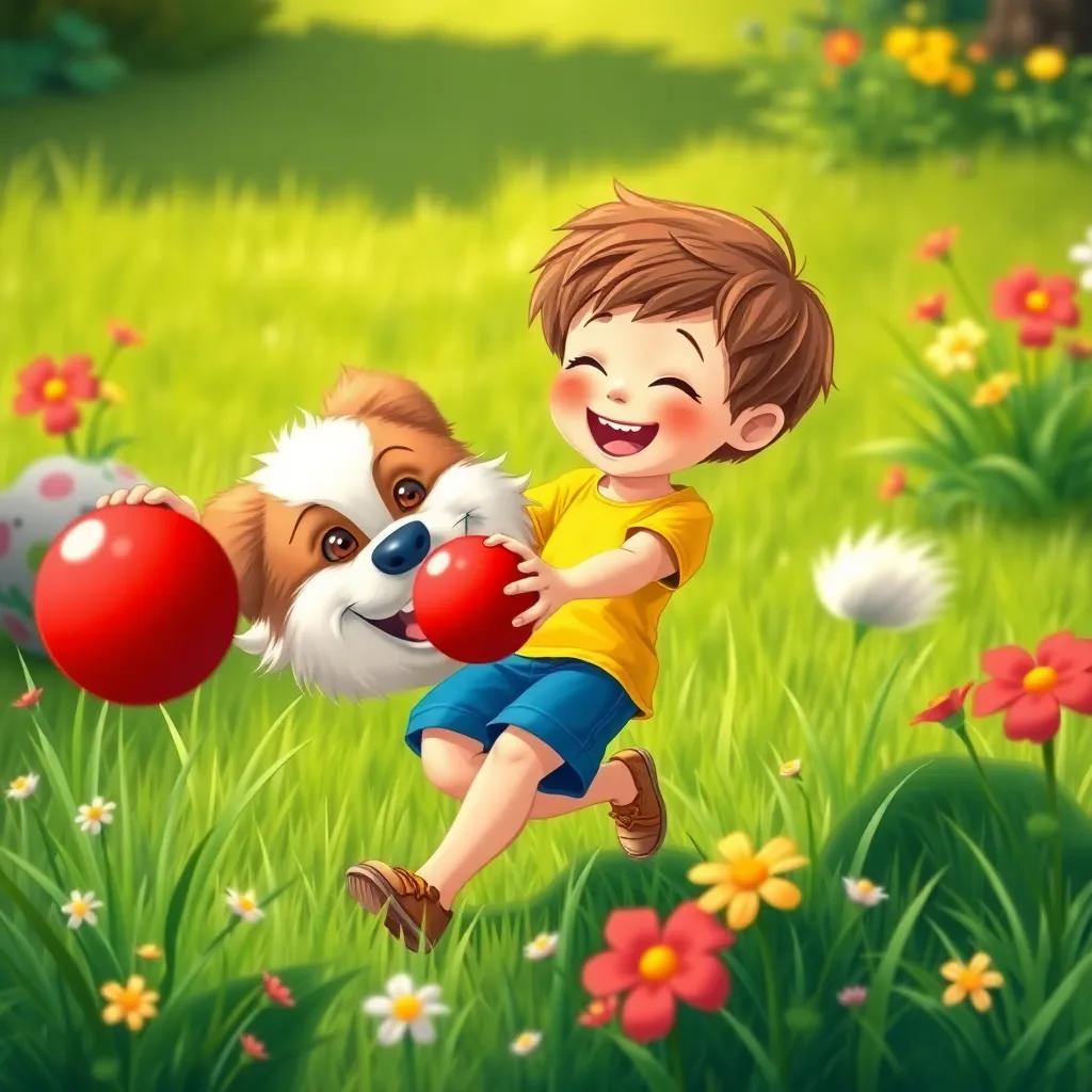Floris, a little boy with short brown hair in a yellow shirt and blue shorts, playing fetch with a big fluffy dog, holding a bright red ball, laughing joyfully, surrounded by green grass and flowers, vibrant illustration, joyful setting, child-friendly