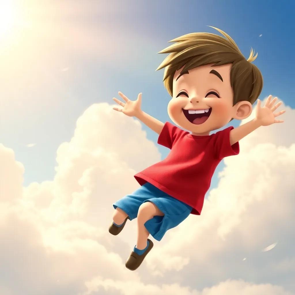 Timmy, a little boy about 3 years old, with short brown hair in a bright red t-shirt and blue shorts, jumping with joy, surrounded by fluffy clouds and sunbeams, feeling the wind on his face, whimsical style, bright and colorful, high energy