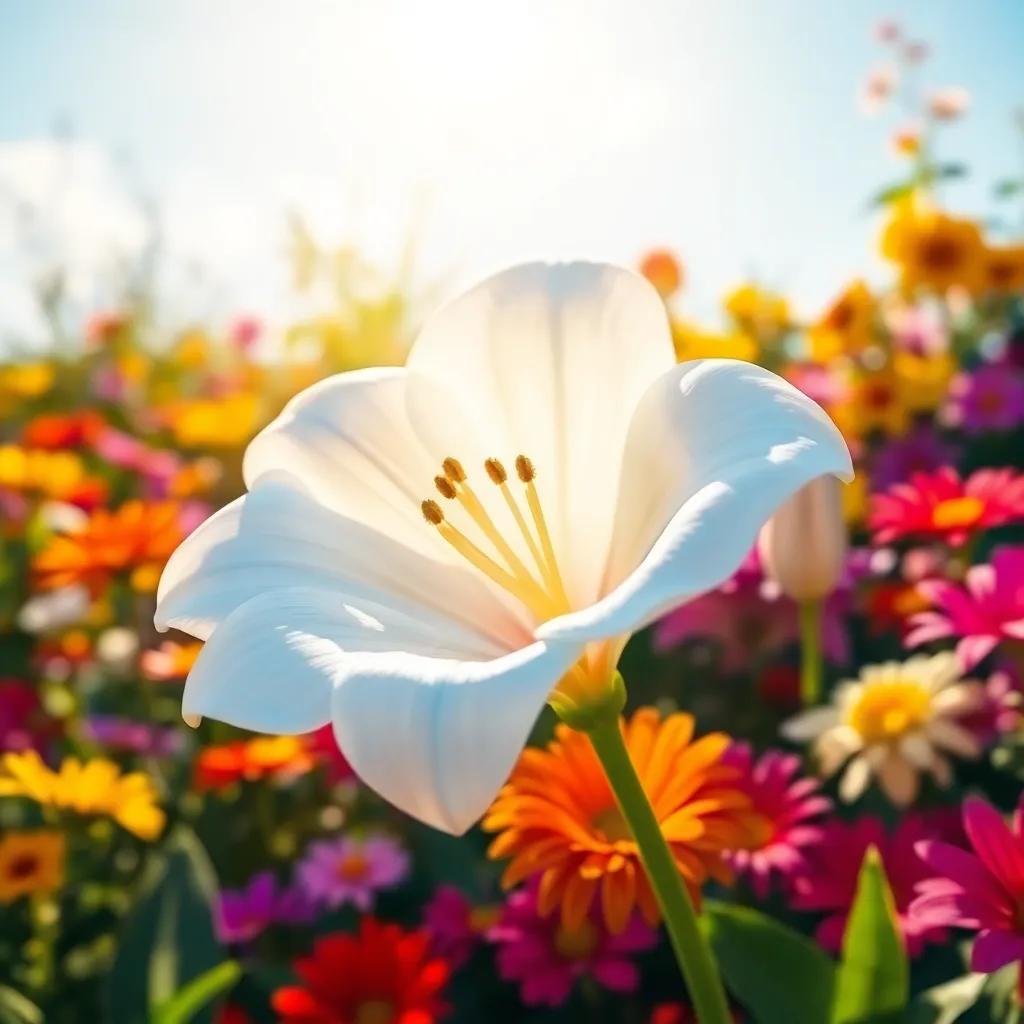 A cheerful white flower, Lily, smiling under the bright sun, surrounded by colorful blooms in a vibrant garden, playful atmosphere, digital art, bright colors, joyful mood, high quality