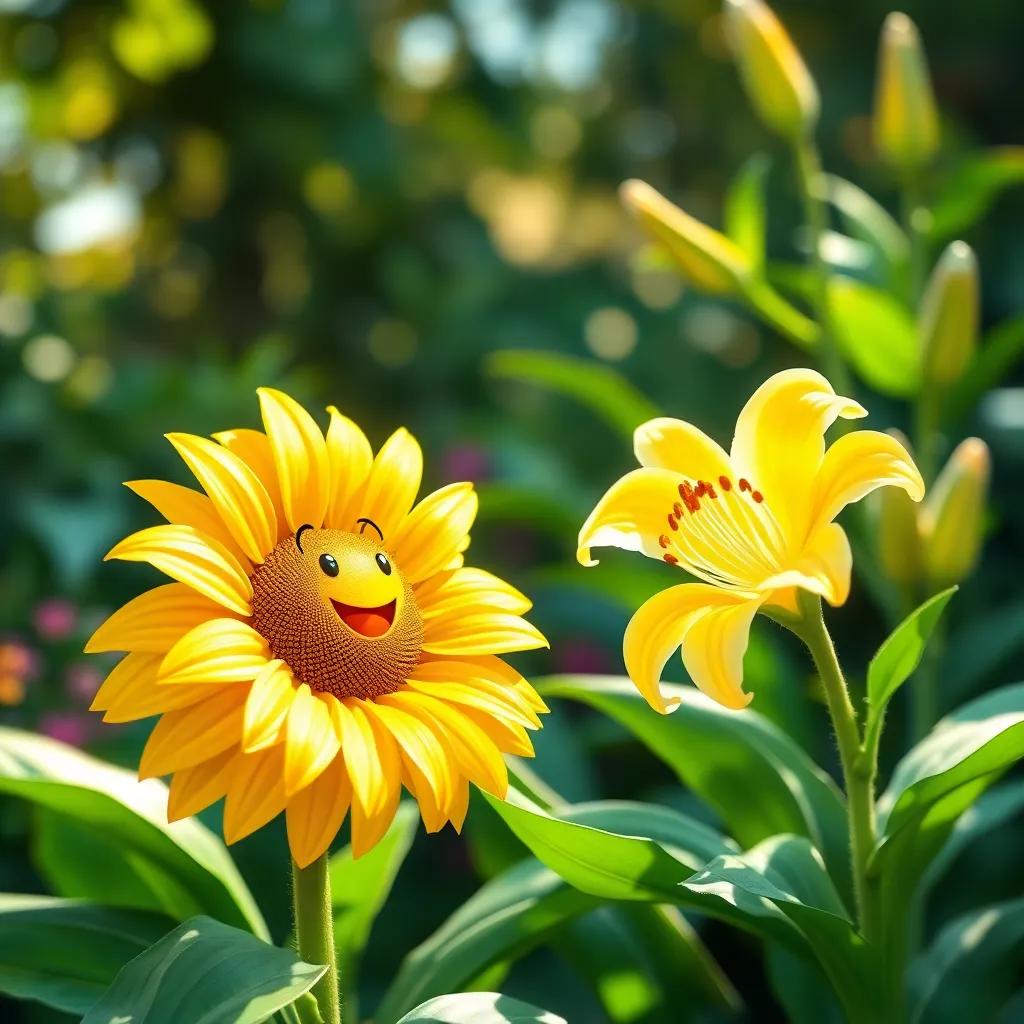 A golden flower, Sunflower, talking to Lily in the garden, both flowers with bright petals and happy expressions, sunlight streaming through green leaves, delightful scene, illustration, warm colors, friendly interaction, high quality