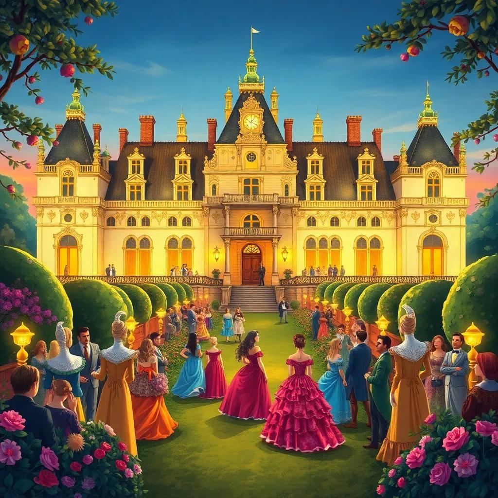 A grand chateau, Vaux-le-Vicomte, decorated with elegant lights, gardens in full bloom around it, a lively scene filled with guests in powdered wigs and swirling gowns, extravagant and vibrant colors, evening light, festive atmosphere, high quality