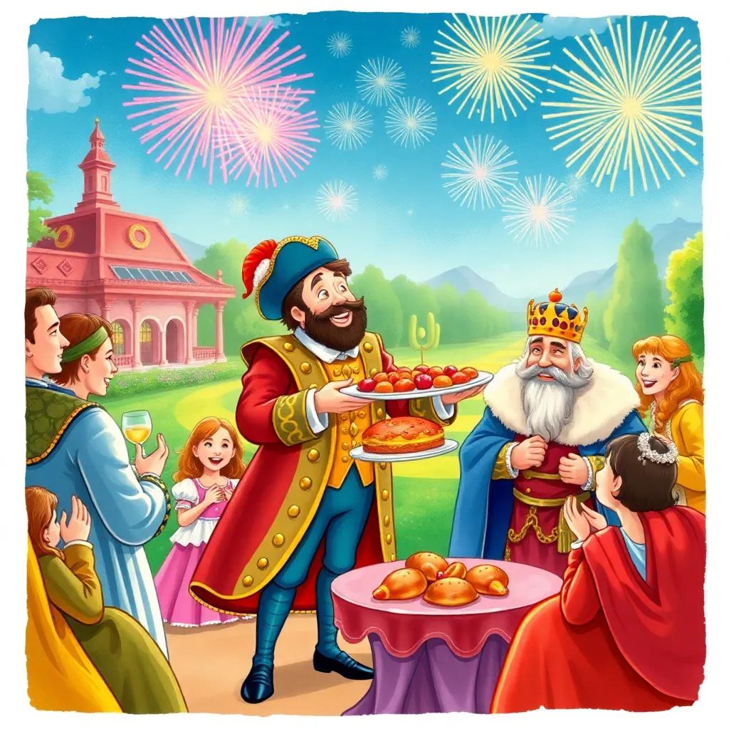 A celebration scene with Nicolas Fouquet, a man in an elaborate outfit, joyously presenting a feast to the King, surrounded by guests laughing, fireworks in the background, grand garden view, colorful, magical, high quality