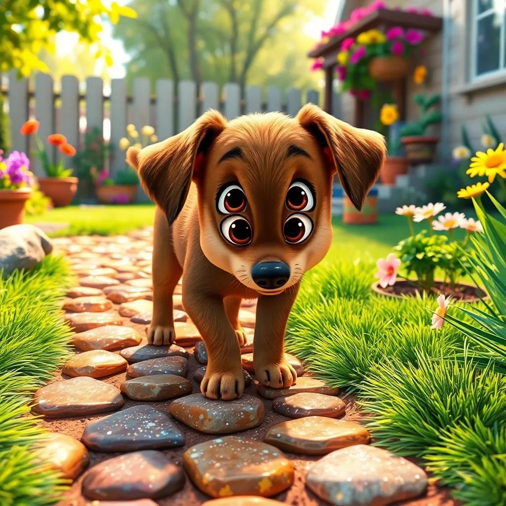 A curious little dog, Freckles, with brown fur and cheerful eyes, sniffing around a backyard with a shiny path made of sparkling stones, digital art, bright and sunny, colorful garden, inviting atmosphere, whimsical view, high quality