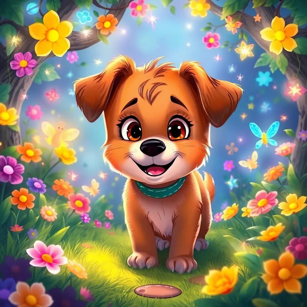 Freckles, a curious little dog with brown fur, discovering a hidden fairy garden filled with colorful flowers, sparkling lights, and dancing fairies, illustration, cheerful, bright colors, enchanting atmosphere, high quality