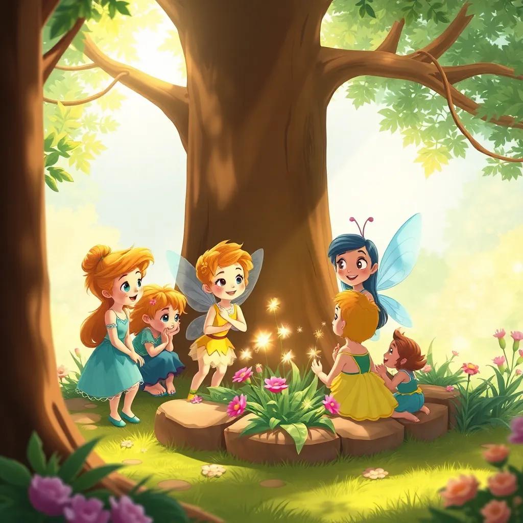 Freckles and the fairies, gathered around a big tree, planning to protect their garden from crows, with sparkly decorations shining in the sunlight, illustration, warm colors, joyful mood, friendly atmosphere, high quality