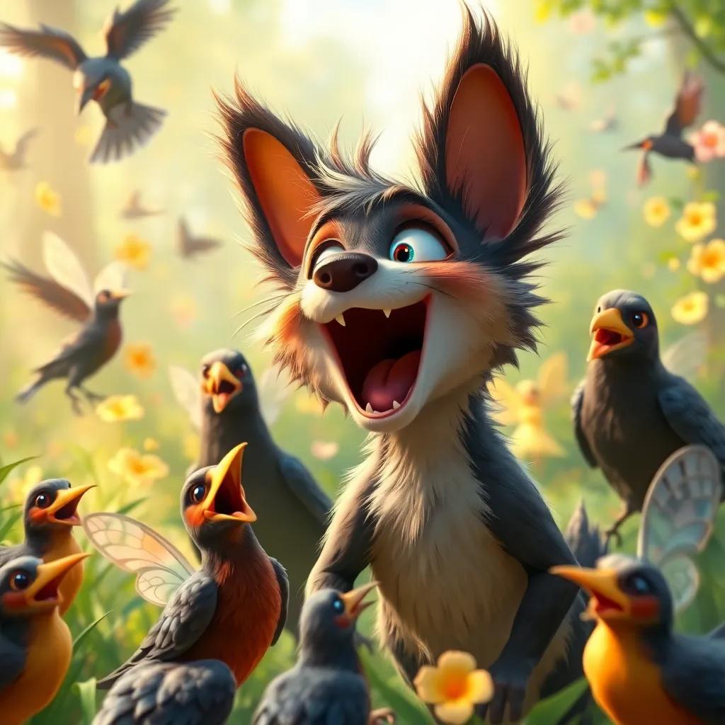 Freckles barking loudly with determination, surrounded by crows looking surprised, while the fairies sing joyful songs around the garden, digital art, lively colors, magical atmosphere, exciting moment, high quality