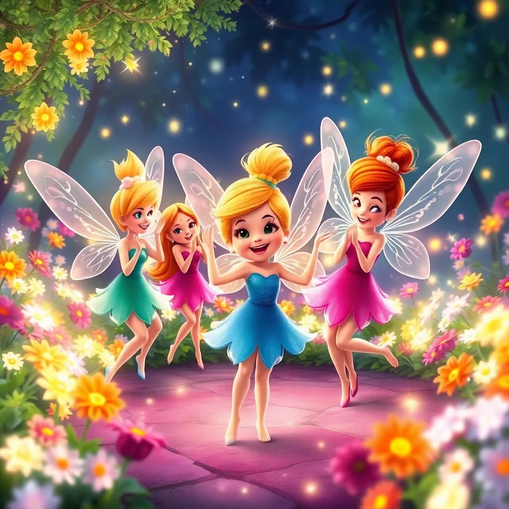 The fairies twirling and clapping their hands in delight around Freckles, who is dancing proudly, in a sparkling garden filled with bright flowers and glowing lights, illustration, festive colors, joyful scene, high quality