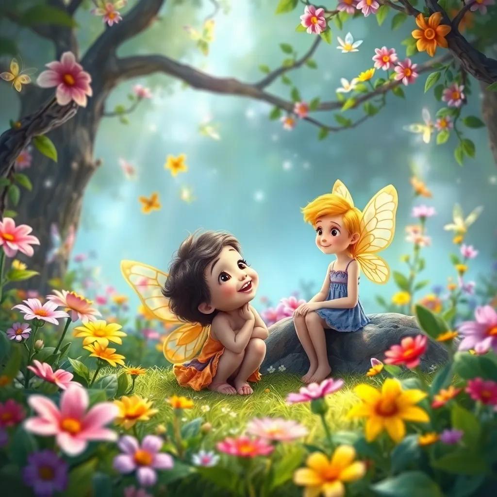 Freckles visiting the fairy garden every day, playing and laughing with the fairies, surrounded by magic and blooming flowers, digital painting, vivid and cheerful, memorable moments, high quality