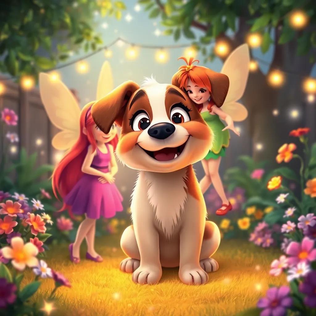 Freckles, a happy dog, and the fairies celebrating friendship in their magical backyard, with twinkling lights and colorful flowers all around, illustration, warm colors, enchanting atmosphere, high quality