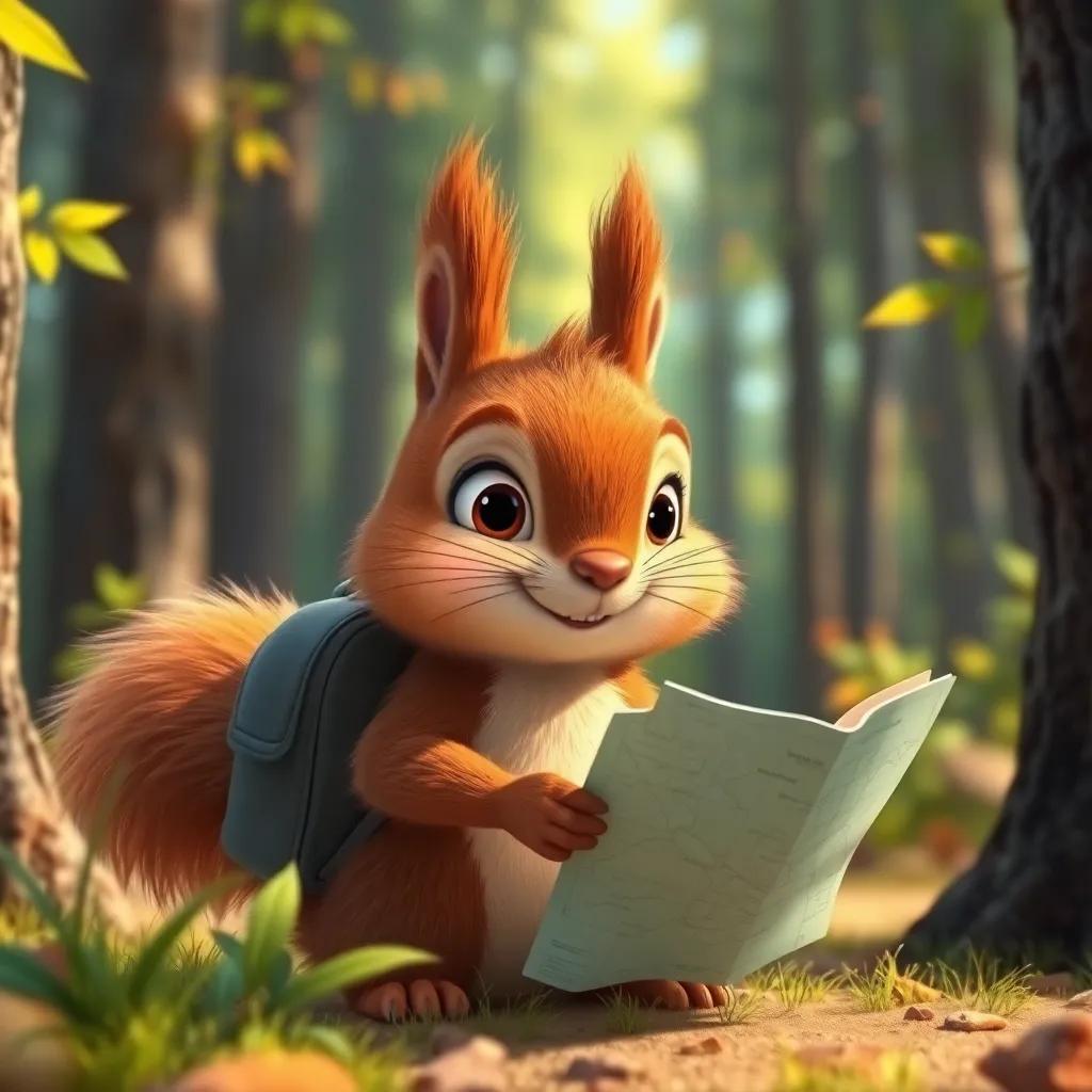 A curious little squirrel named Freddie with fluffy brown fur, wearing a tiny backpack, looking excitedly at a crumpled map in a sunny forest, digital art, vibrant colors, cheerful atmosphere, high quality