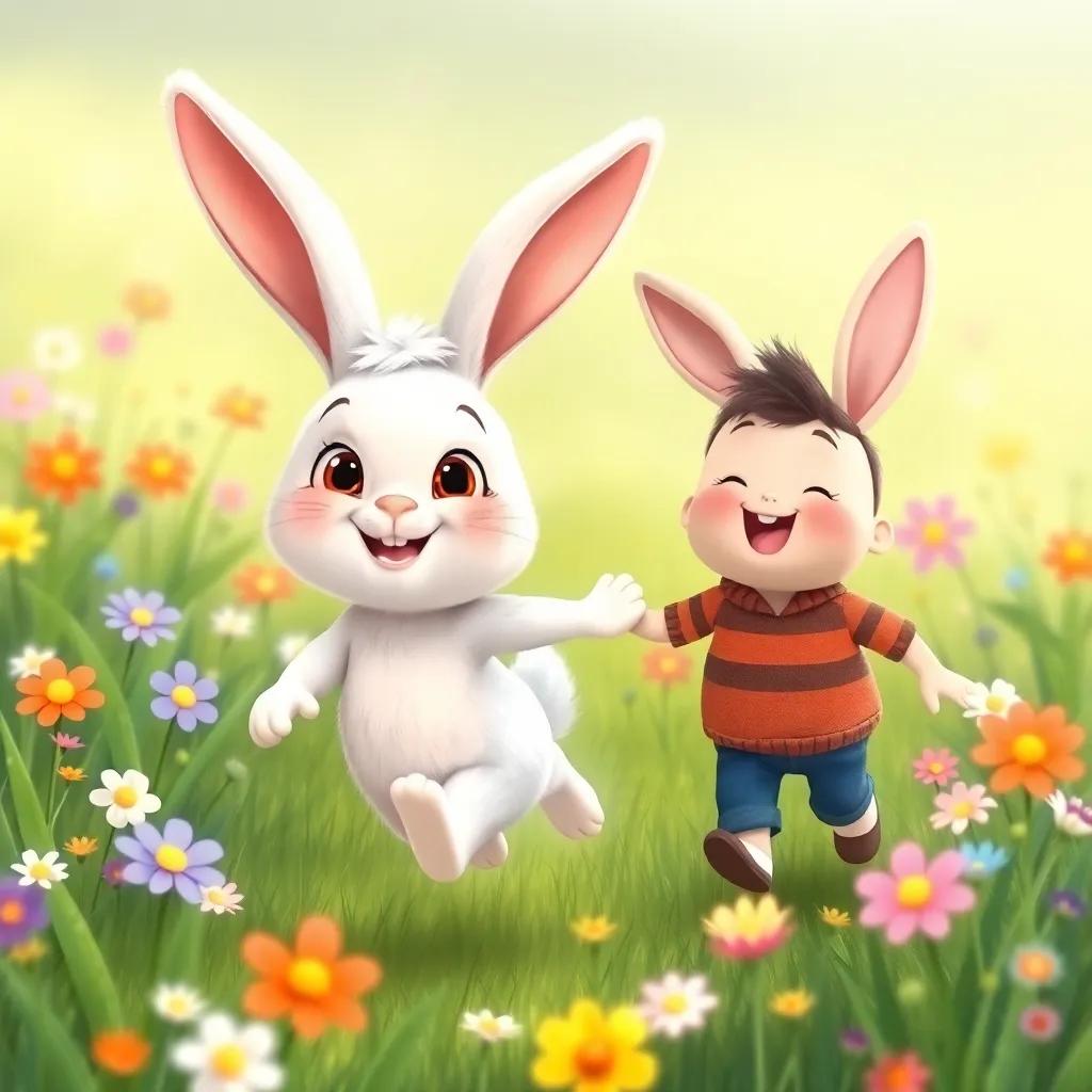 A cheerful bunny named Bella with soft white fur and big ears, hopping joyfully beside Freddie in a green meadow adorned with colorful flowers, illustration, dreamy, playful scene, child-friendly