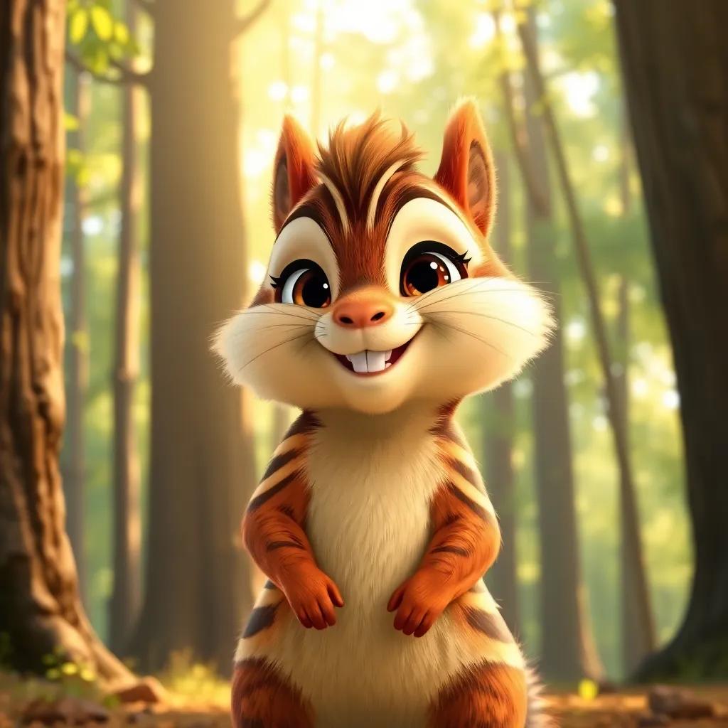 A lively chipmunk named Charlie with striped fur, smiling broadly while joining Freddie and Bella on their exciting journey through tall trees, bright dappled sunlight filtering through leaves, cheerful, adventure-themed
