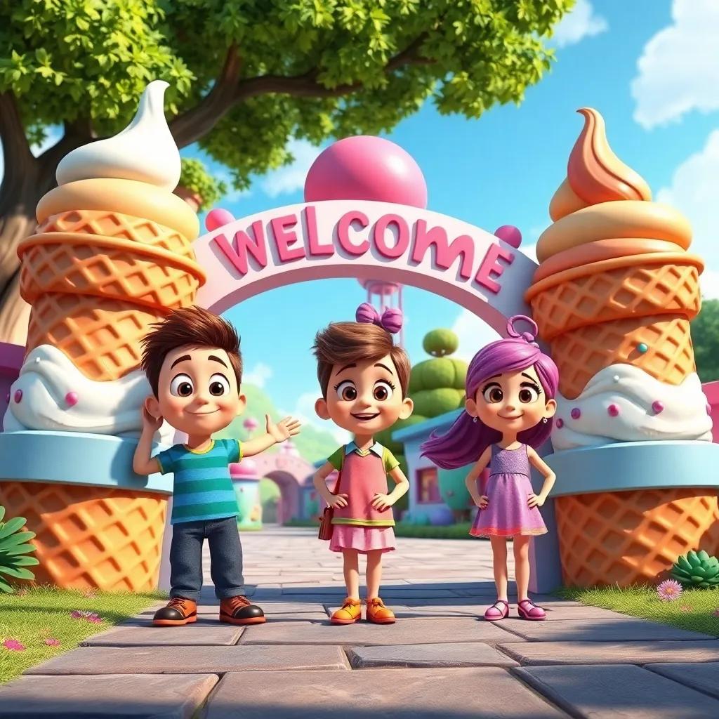 A colorful, whimsical entrance gate made of waffle cones and large ice cream tubs, welcoming Freddie, Bella, and Charlie with wide eyes and smiles in a magical land, fantasy, bright and vivid colors, child-friendly