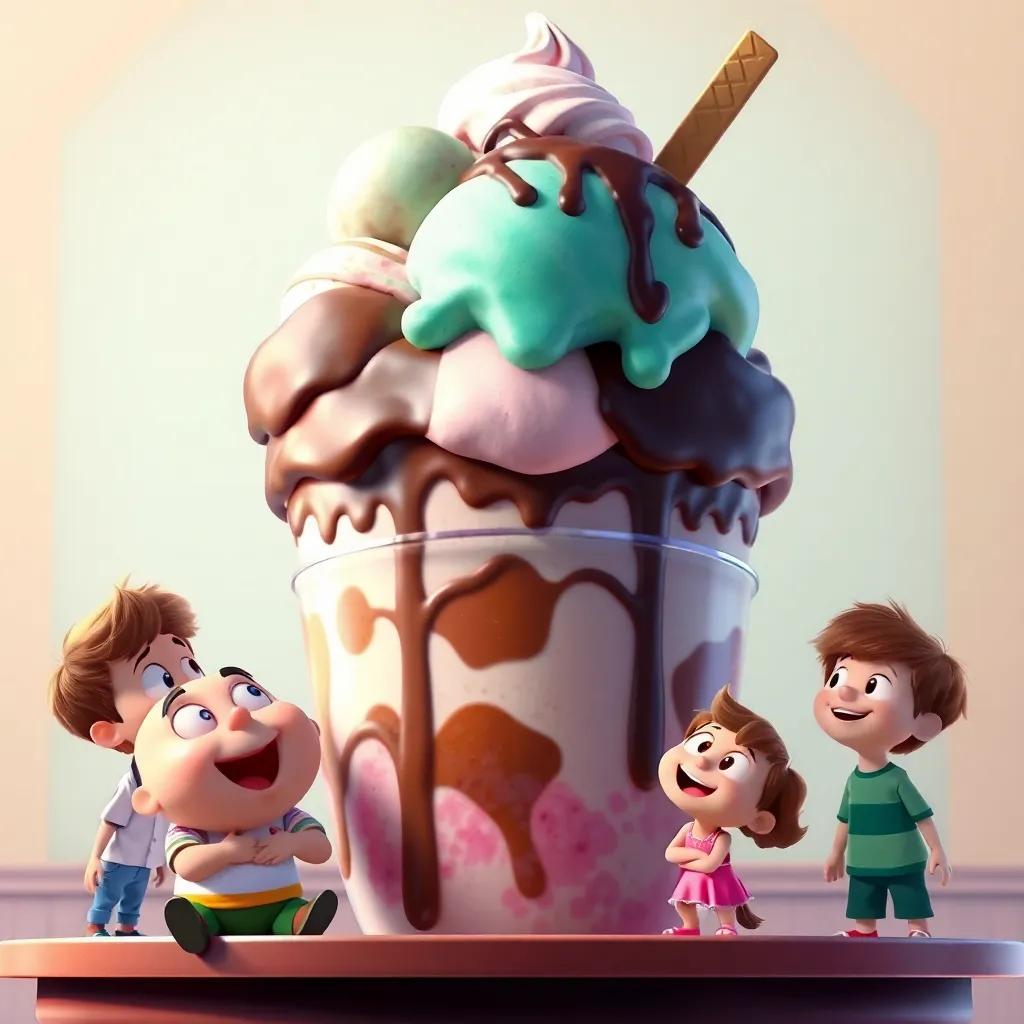 A giant sundae towering high with scoops of different flavors like vanilla, chocolate, and mint, surrounded by Freddie, Bella, and Charlie, all gazing in awe and ready to taste, joyful, mouthwatering scene