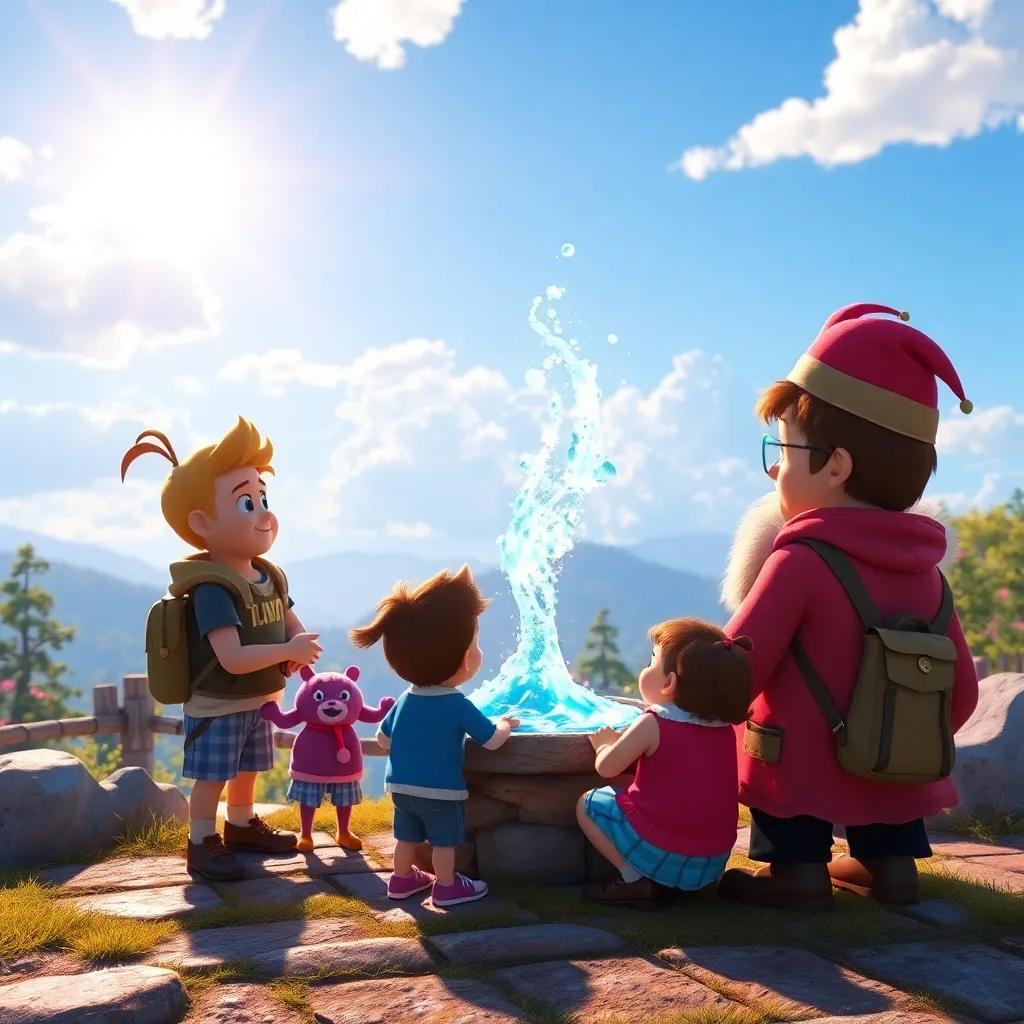 A magical flavor called 'Adventure Swirl' sparkling in the sun where Freddie and his friends gather around, marveling at how it shimmers, vivid colors, enchanting view, fantasy