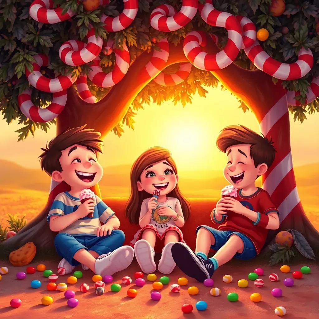 Freddie, Bella, and Charlie relaxing under a candy cane tree, laughing and finishing their ice cream, with colorful candies scattered around, warm setting sun, heartwarming atmosphere