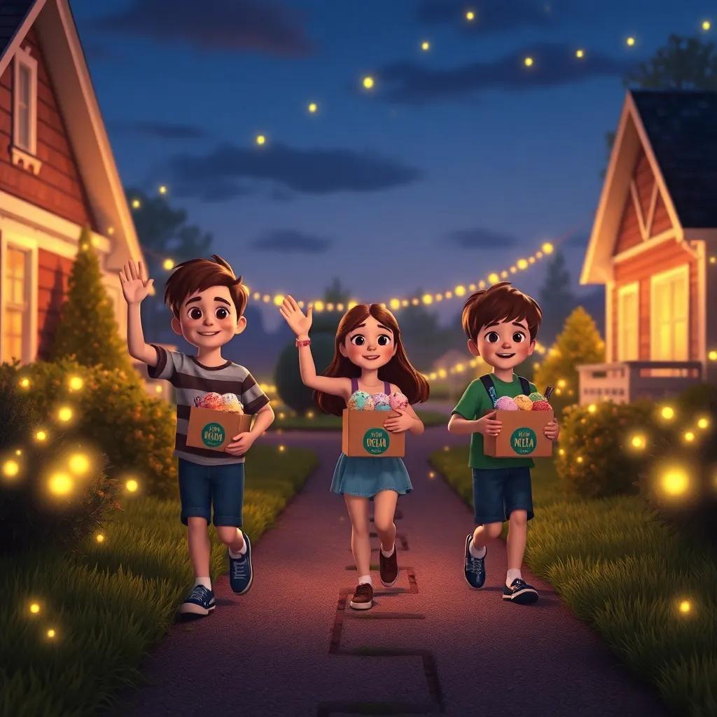 Freddie, Bella, and Charlie waving goodbye as they walk home with boxes filled with ice cream flavors, the path lit up with twinkling fireflies, evening scene, cozy and magical