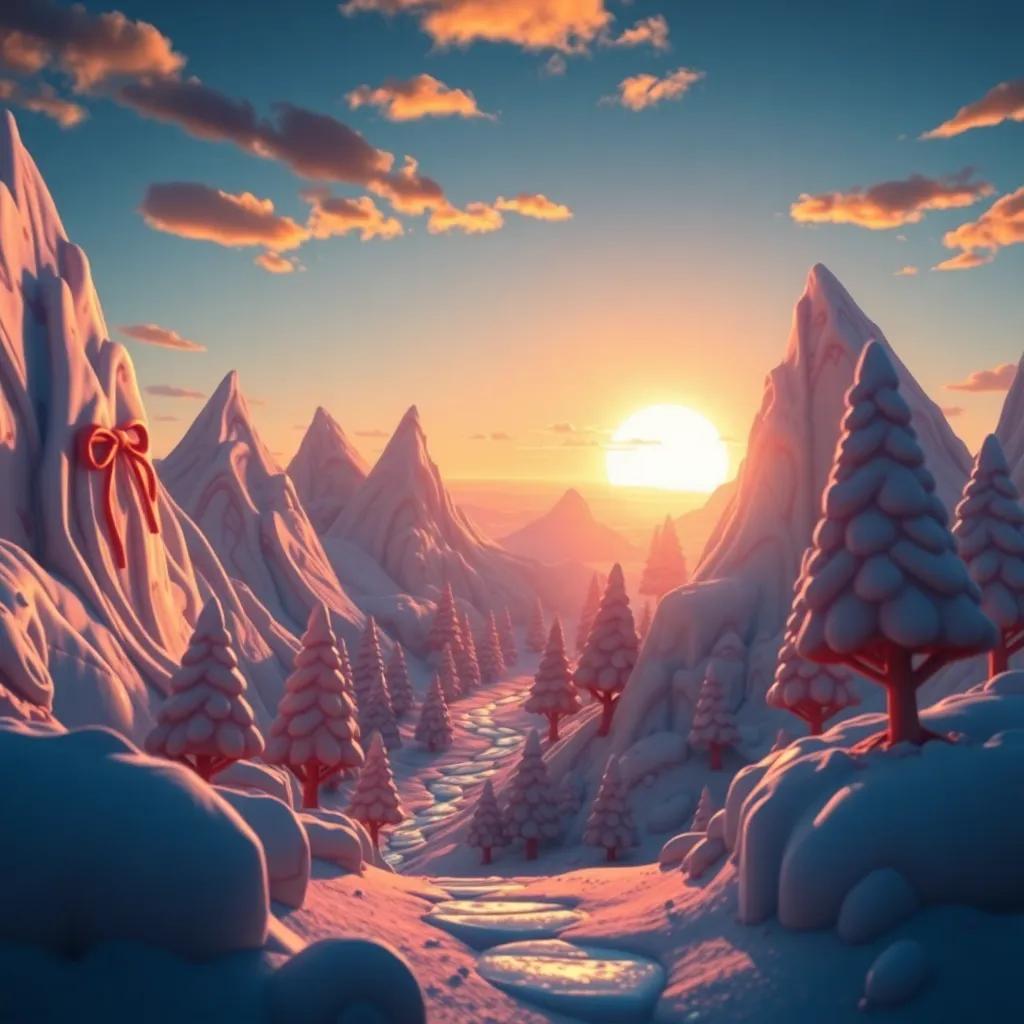 A glowing view of the ice cream wonderland with ice cream mountains and candy trees under a sunset, showcasing the beauty of their adventure, inviting and mesmerizing, fantasy