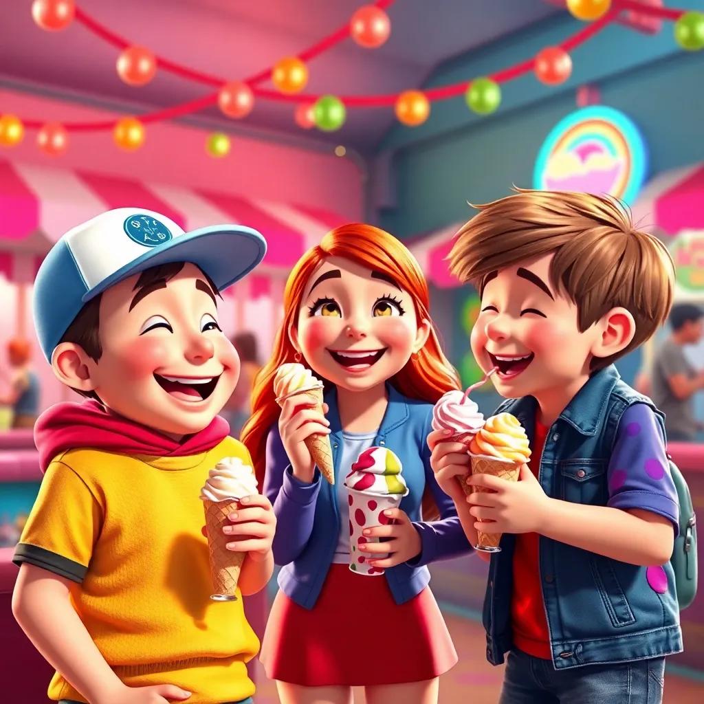 Freddie, Bella, and Charlie sharing more ice cream flavors during their next adventure at the Ice Cream Wonderland, laughing together in a colorful, vibrant atmosphere, joyful reunion scene