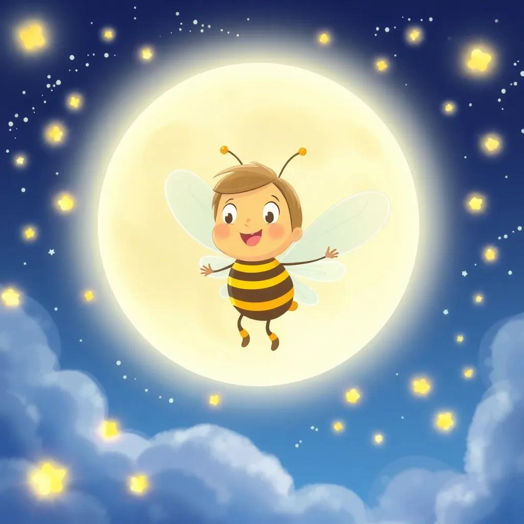 Freddie the firefly flying in the sky, surrounded by bright moonlight and other twinkling fireflies, creating a magical scene, illustration, cheerful, colorful, child-friendly