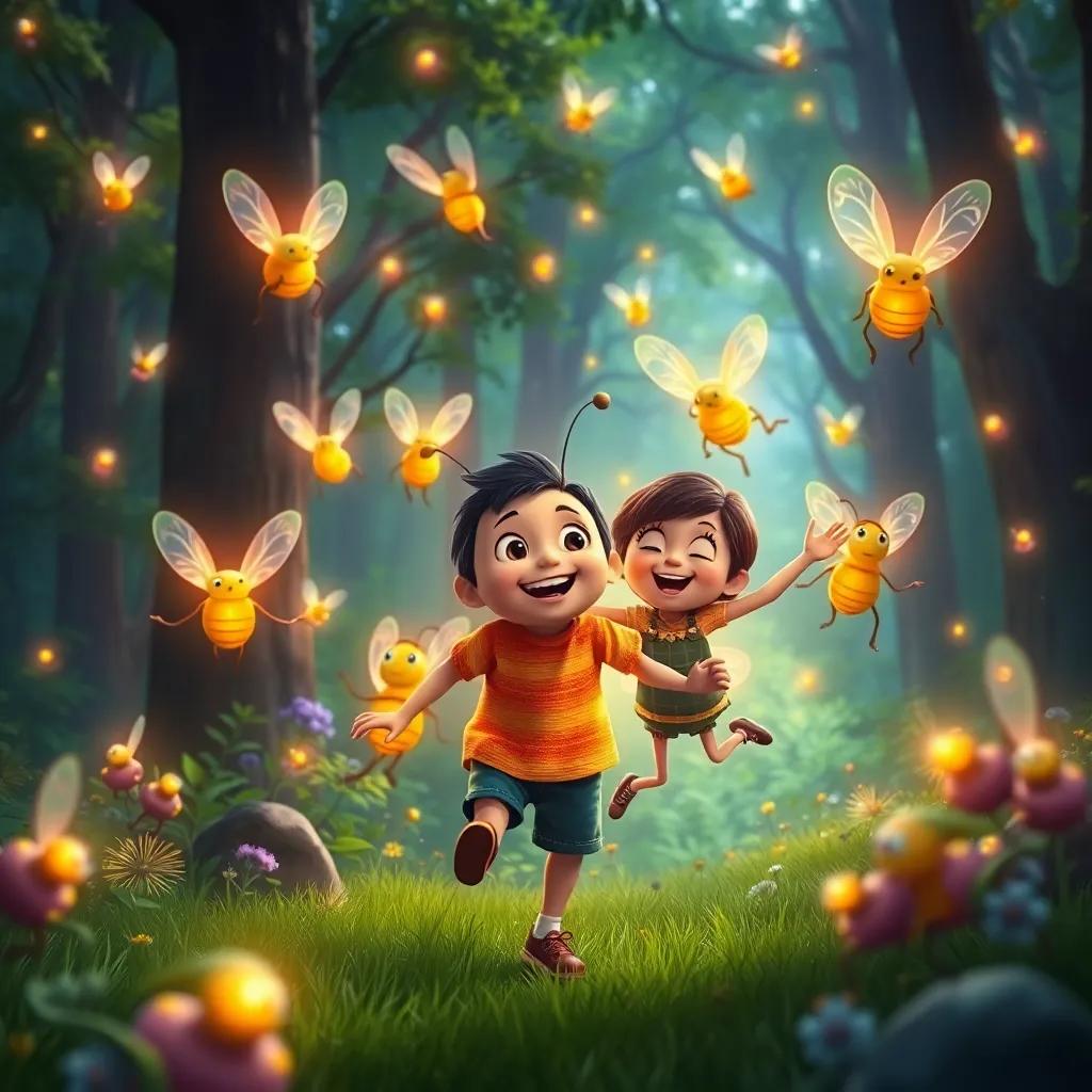 A group of fireflies dancing in the air, glowing with different colors, Freddie leading the way, with the forest background full of vibrant green, digital painting, lively, joyful, enchanting