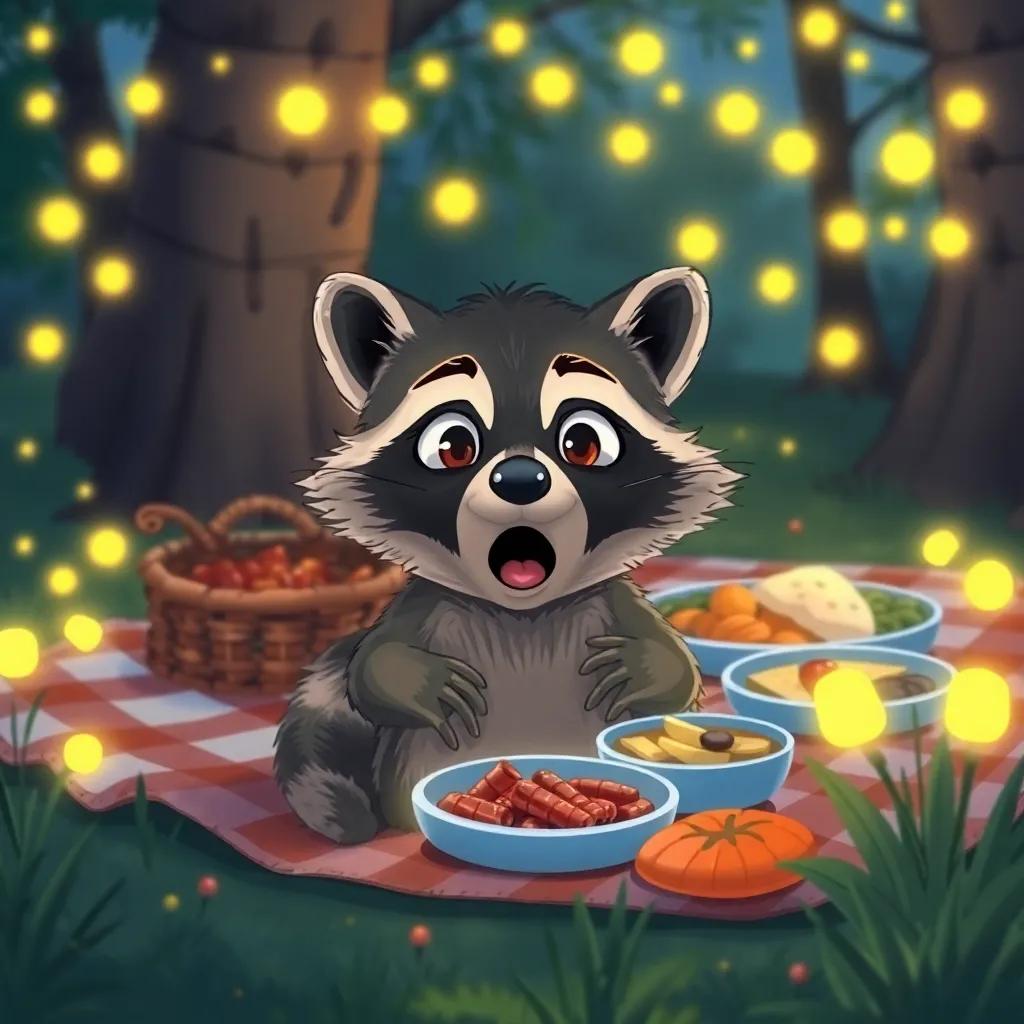 A sneaky raccoon looking surprised in front of a picnic blanket filled with food, while a group of glowing fireflies surrounds him, illustration, light-hearted, whimsical, colorful
