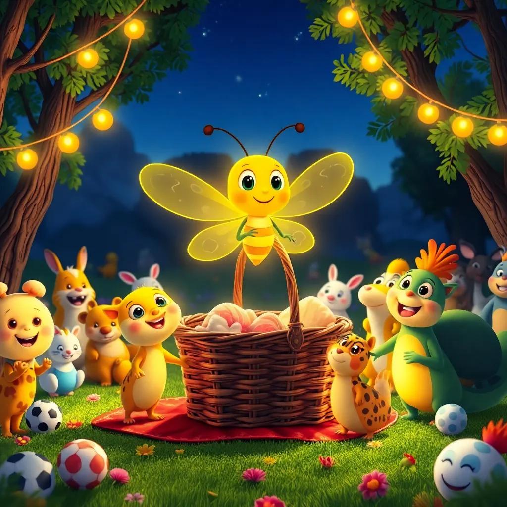 Freddie the firefly and his friends shining bright, standing around a picnic area full of happy animals, with the picnic basket in the center, digital art, vibrant colors, joyful atmosphere, high quality