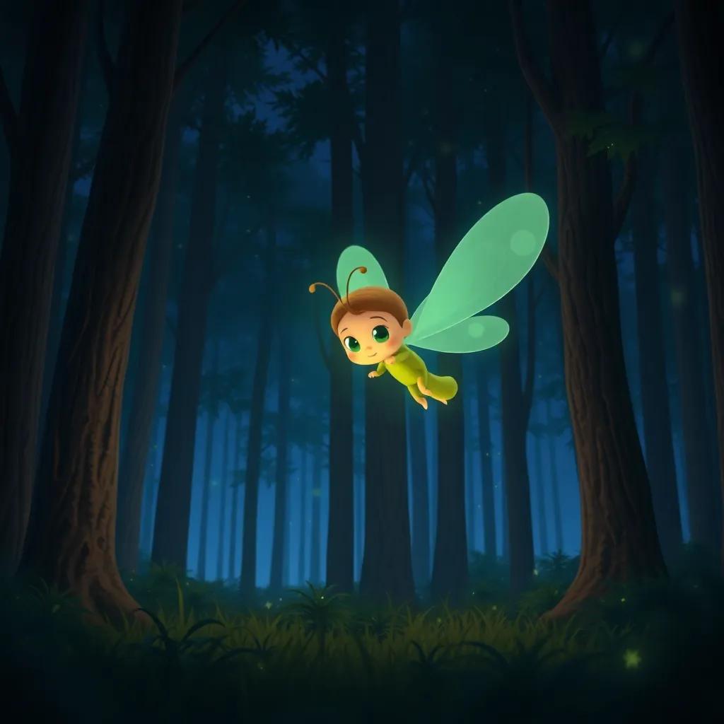 A little firefly named Freddie, with soft green light, flying in a dark forest surrounded by tall trees and twinkling stars, digital art, whimsical, enchanting atmosphere