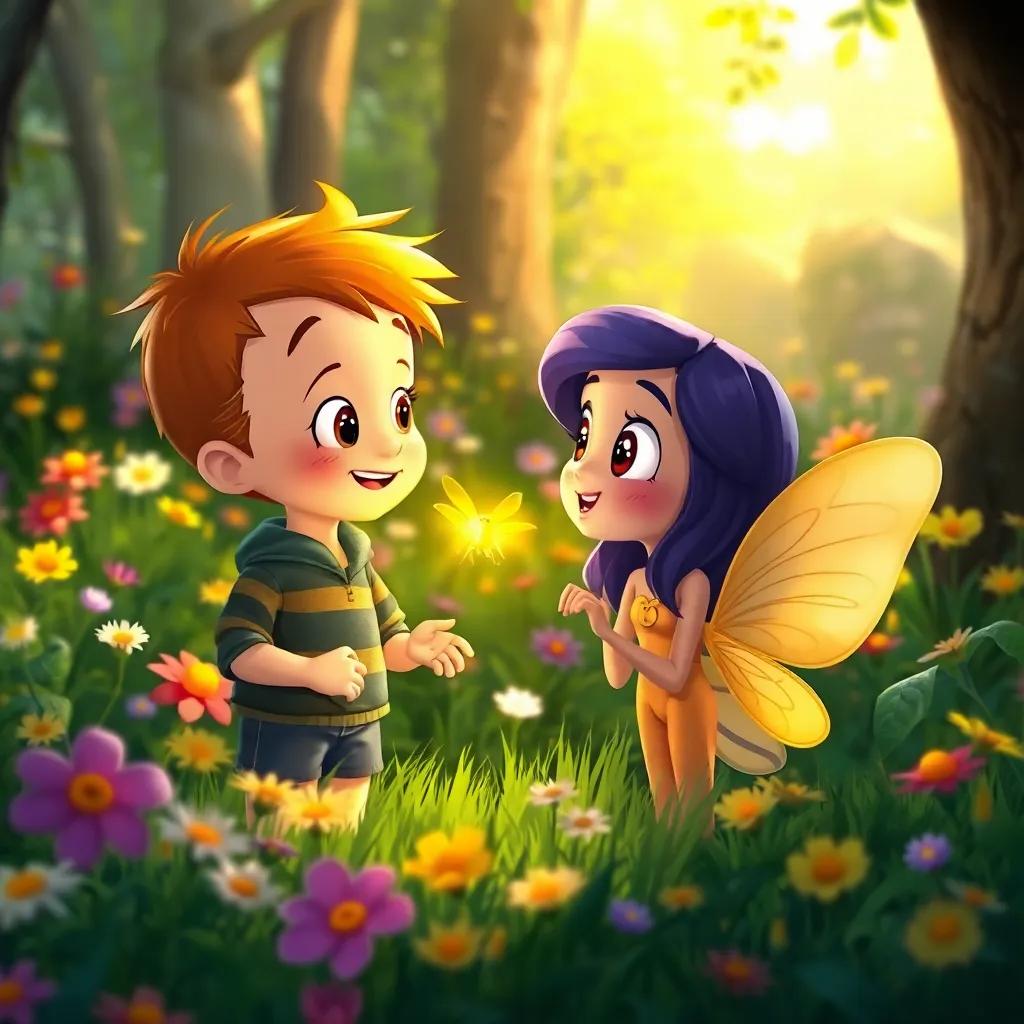 Freddie talking to Bella, a bright yellow firefly, in a glade filled with flowers, vibrant colors, cheerful scene, warm light, friendly
