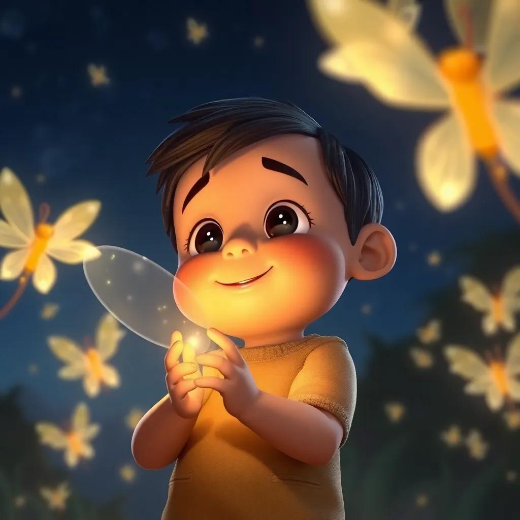 Freddie practicing to shine, surrounded by sparkling lights of other fireflies, with a hopeful expression, night sky in the background, digital painting, magical ambiance