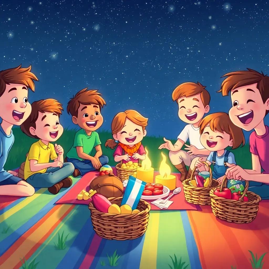 A group of kids setting up a picnic with laughter, colorful blankets, and baskets filled with snacks under a starlit sky, joyful scene, vibrant and lively