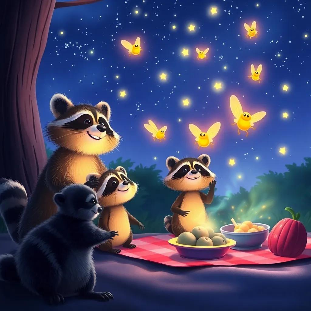Freddie and his firefly friends dazzling the raccoons with bright light, creating patterns in the sky over the picnic, funny and playful atmosphere, colorful