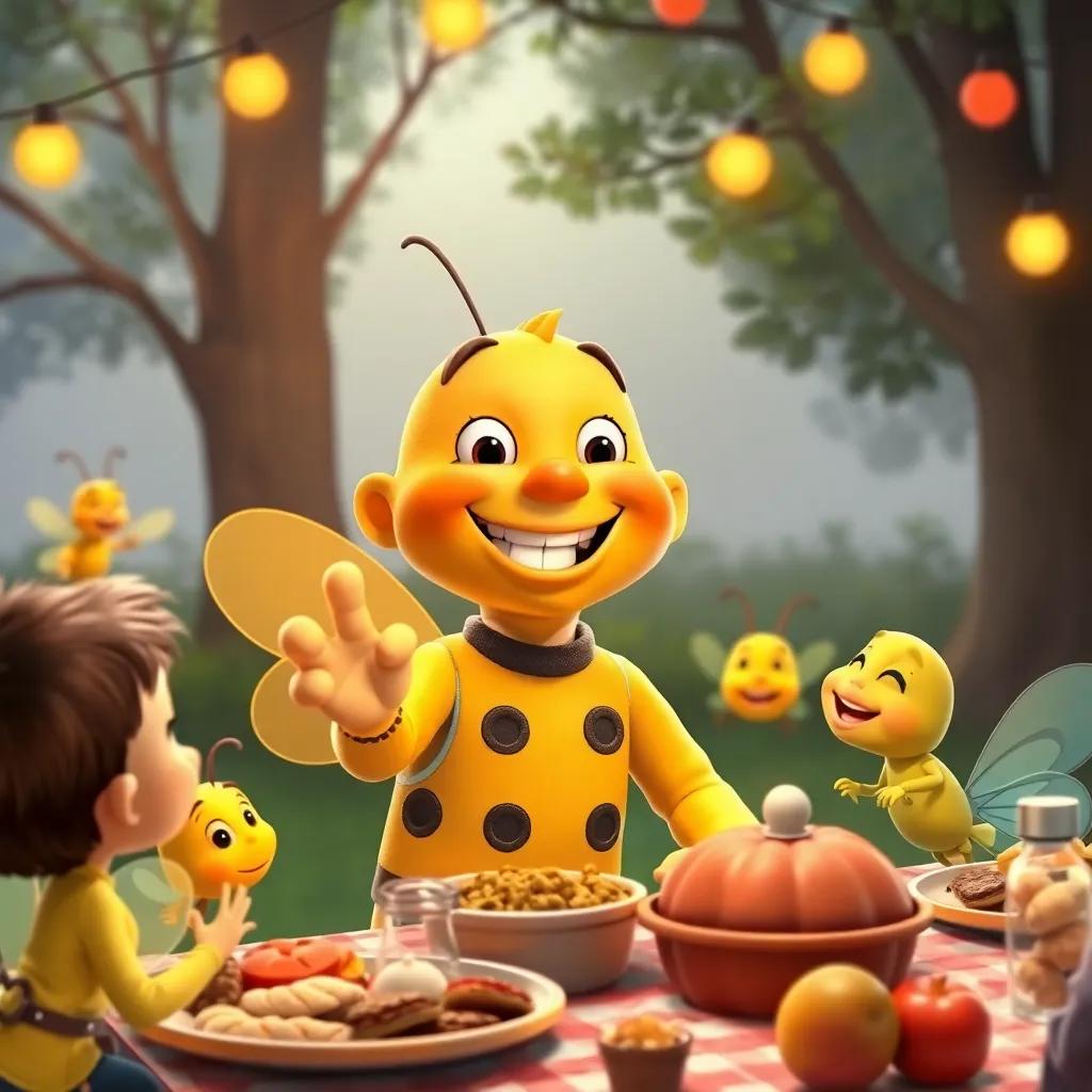 Freddie greeting the kids with a bright smile, surrounded by his firefly friends in a happy picnic setting with food and laughter, inviting and cheerful