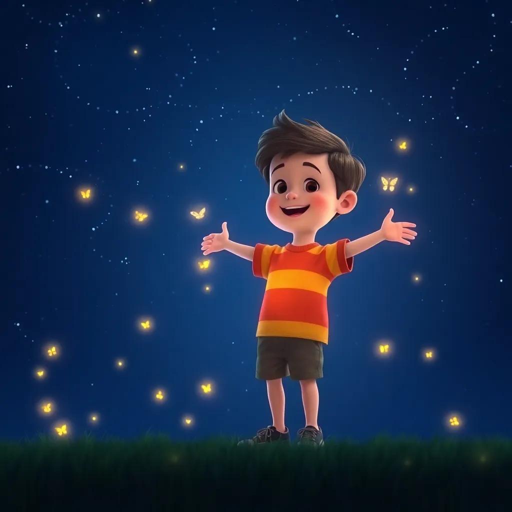 Freddie glowing brightly in the night sky with fireflies dancing beside him, celebrating friendship under the stars, captivating and bright